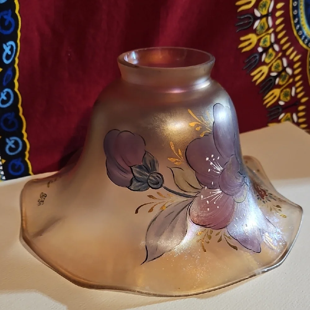 Signed Handcrafted/painted Lustrous Irridescant Glass Lamp Shade